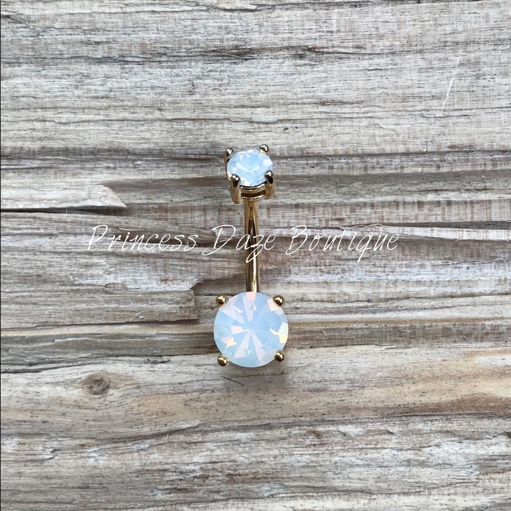 White Opalescent Gold Prong Belly Button Ring